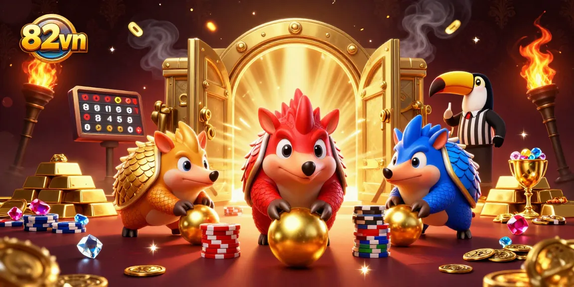 Engaging 82vn pangolins compete in a bowling game among gold and casino chips.