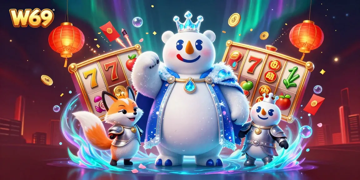 W69 slots feature an ice king polar bear amidst dynamic casino elements celebrating big wins.