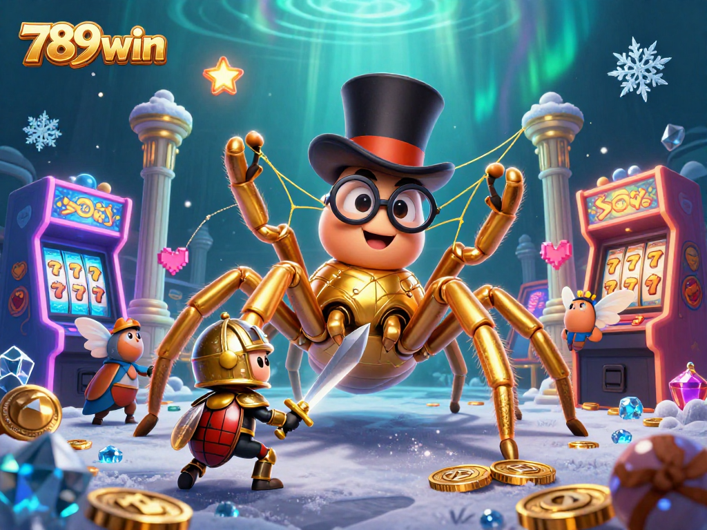 Experience thrilling gameplay at 789win with a lively casino scene featuring a golden tarantula and beetle knight.
