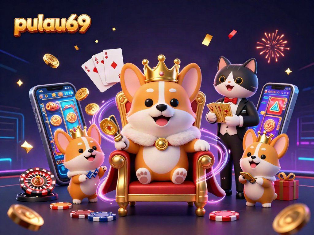 Experience pulau69 with a royal corgi king revealing golden prizes amidst a lively casino atmosphere.