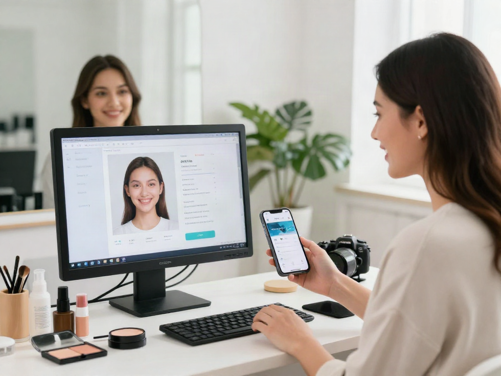 Young woman engaging with a test of attractiveness on a computer screen.