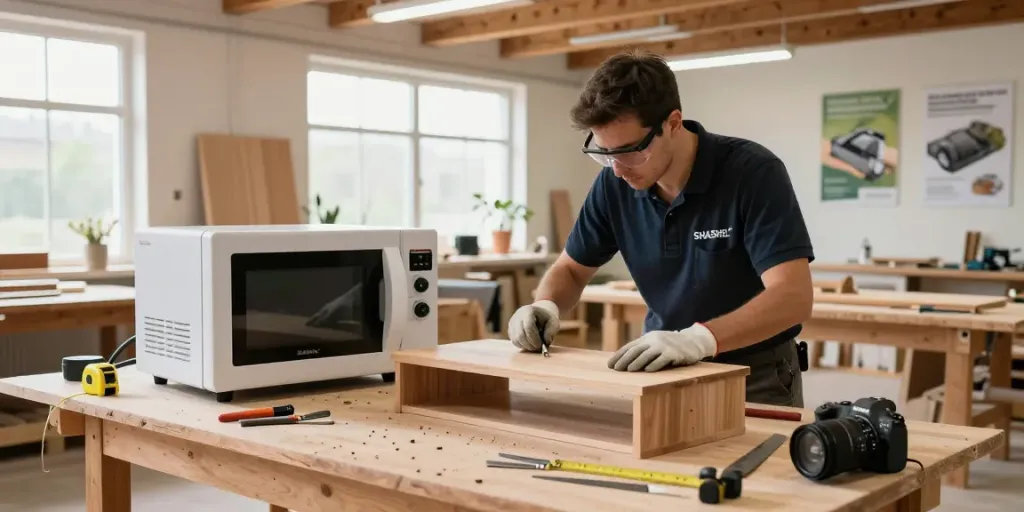 Technician using SHASHEL® microwave equipment in modern workshop, eliminating wood-boring insects efficiently.