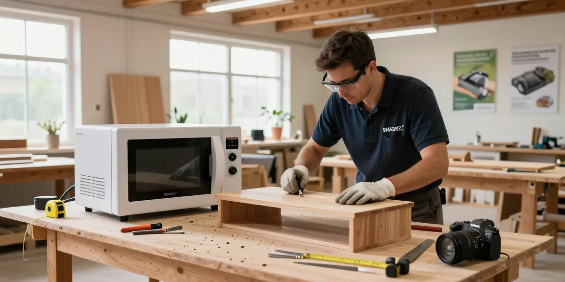 Technician using SHASHEL® microwave equipment in modern workshop, eliminating wood-boring insects efficiently.