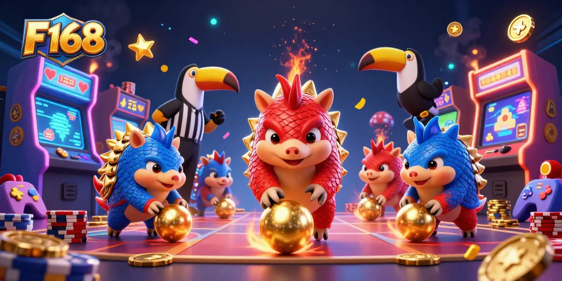 F168 pangolins competing while rolling golden balls and bowling through poker chips in a dynamic casino scene.