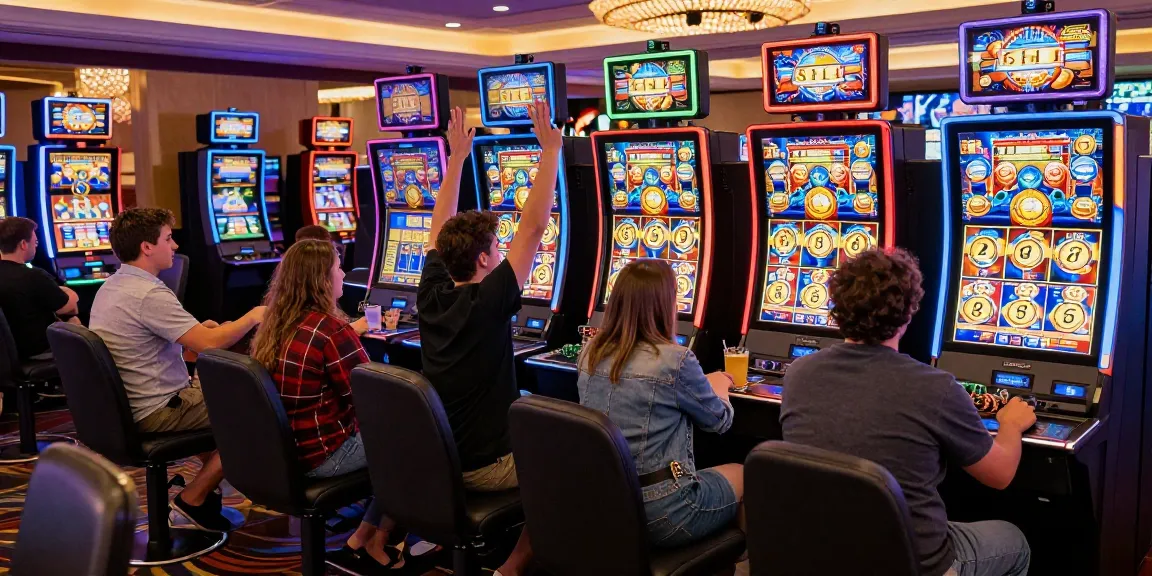 Excited players celebrating slot jackpot wins on a vibrant casino gaming floor