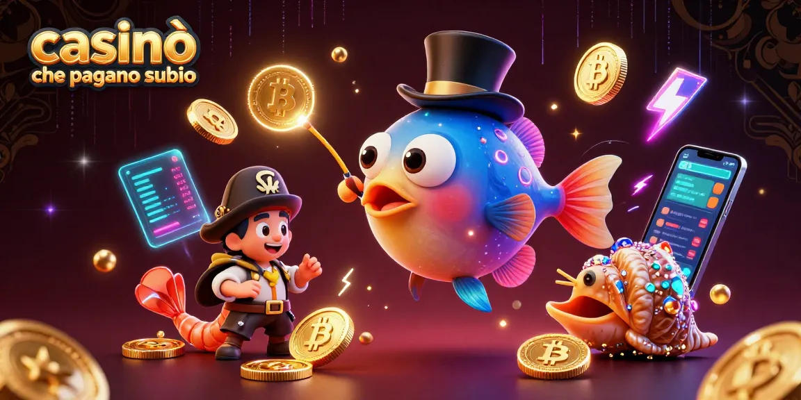 Casinò che pagano subito con prelievi rapidi, illustrati da un pesce persico in un cilindro e monete dorate.