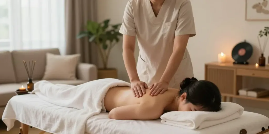 Professional 출장마사지 therapy happening in a cozy living room, promoting relaxation and wellness.