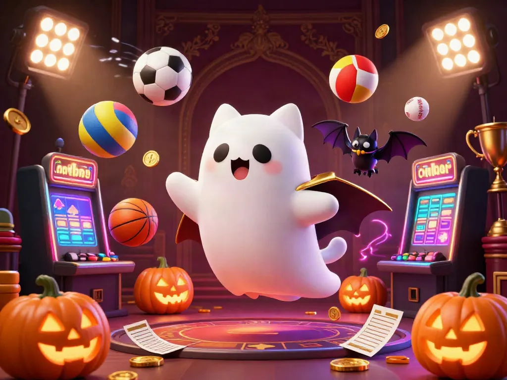 Experience the excitement of mu88 casino with a spectacular illustration featuring a ghost cat and vampire bat in a vibrant gaming mansion.