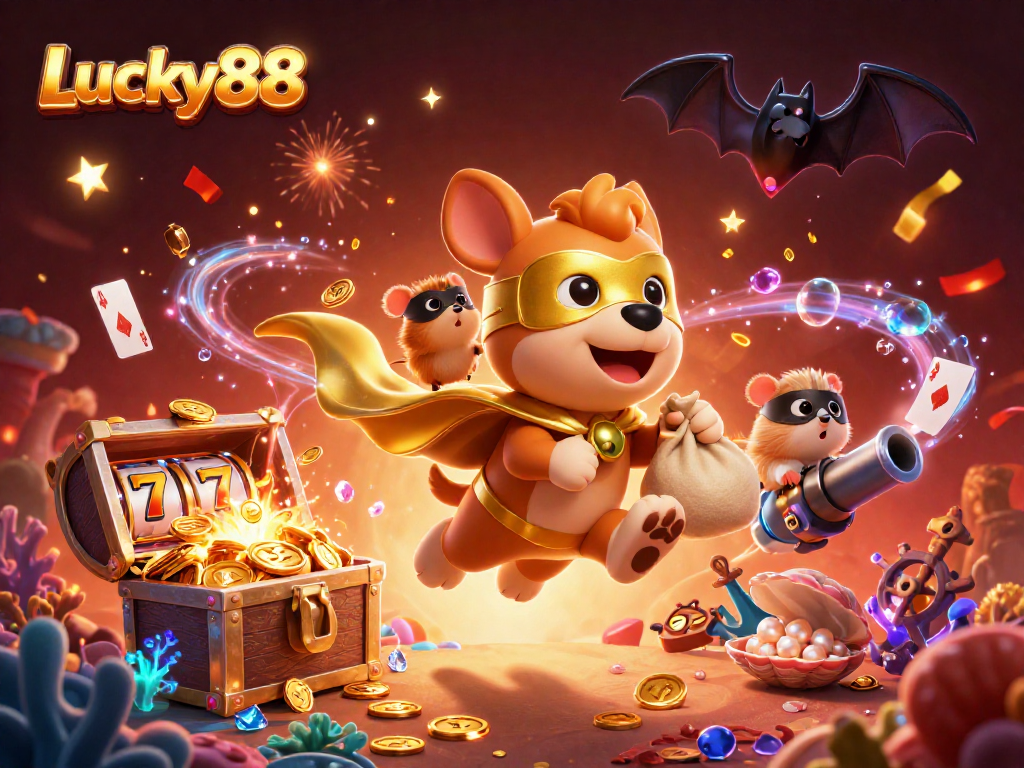 Experience Lucky88's thrilling wins with a dynamic illustration of a superhero dog and friends.
