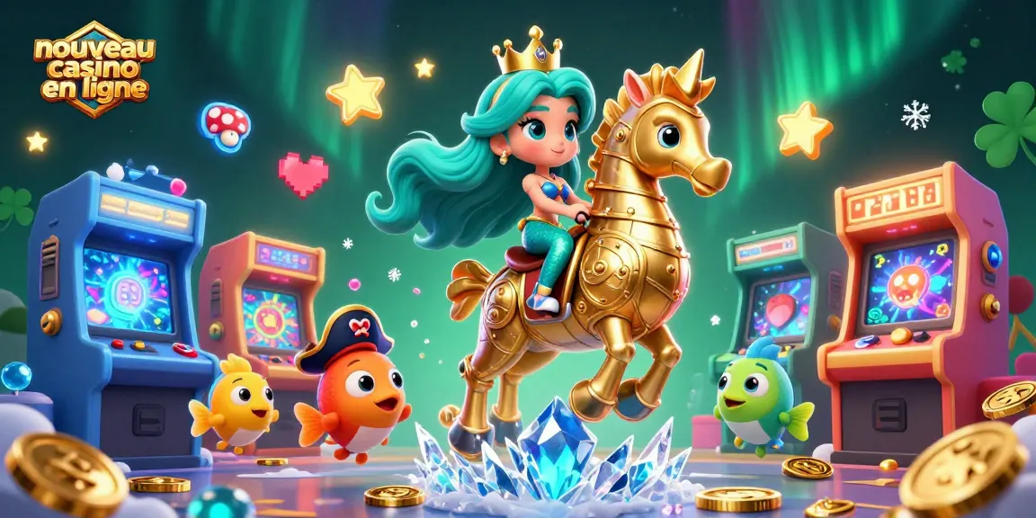 Découvrez le nouveau casino en ligne avec une princesse sirène et son hippocampe doré, entourés de machines à sous colorées.