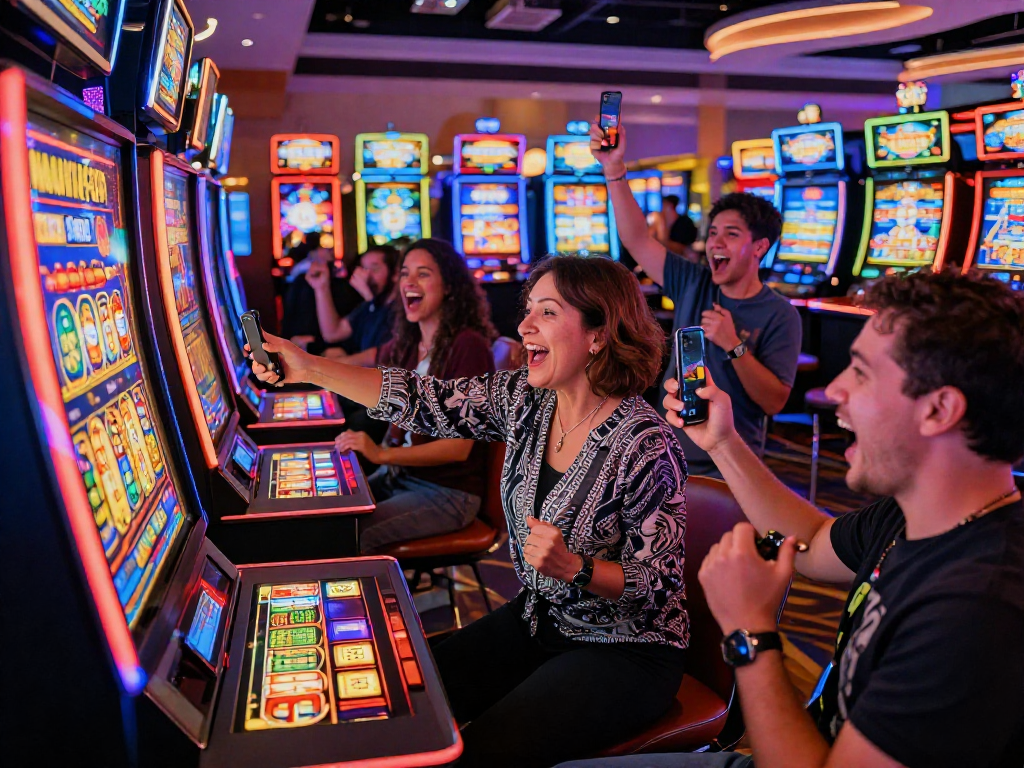 Cheerful players celebrating a slot jackpot win in a vibrant casino.