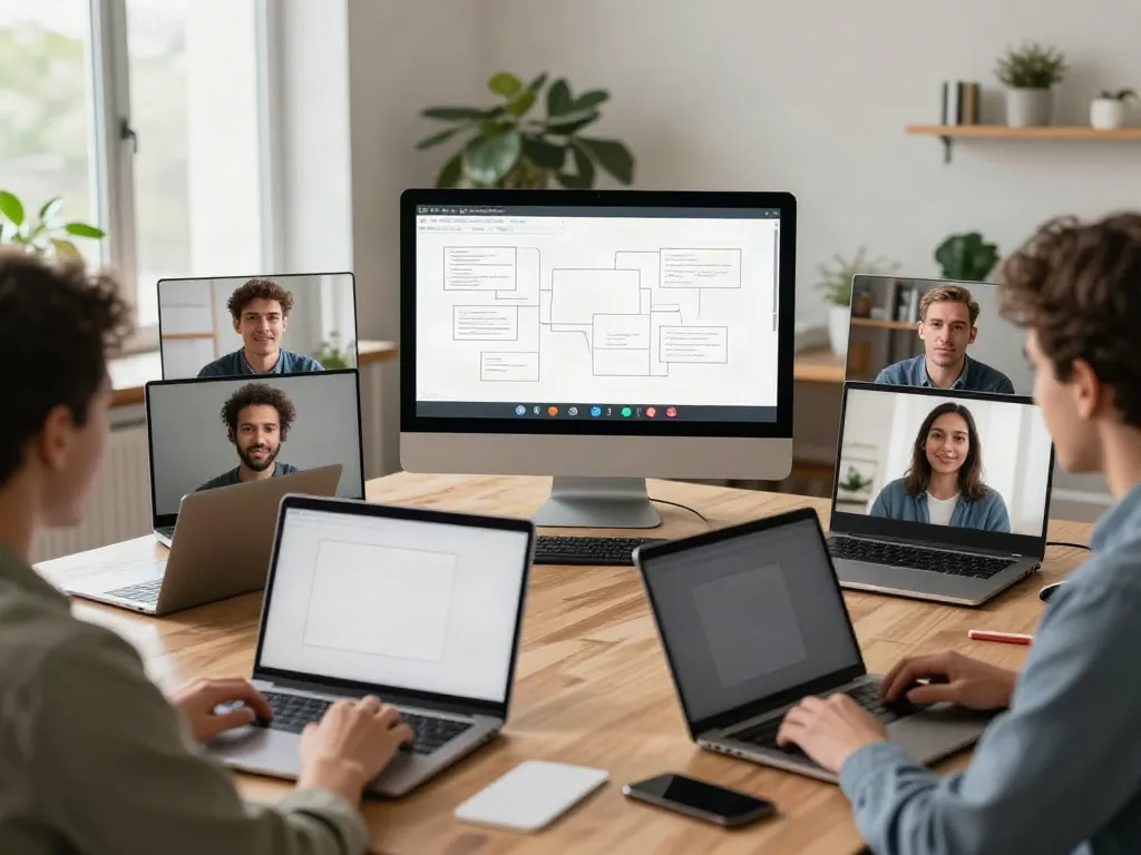 Deepfake protected Online Video Calls, Meetings and Conferencing setup showcasing a diverse team in a modern office.