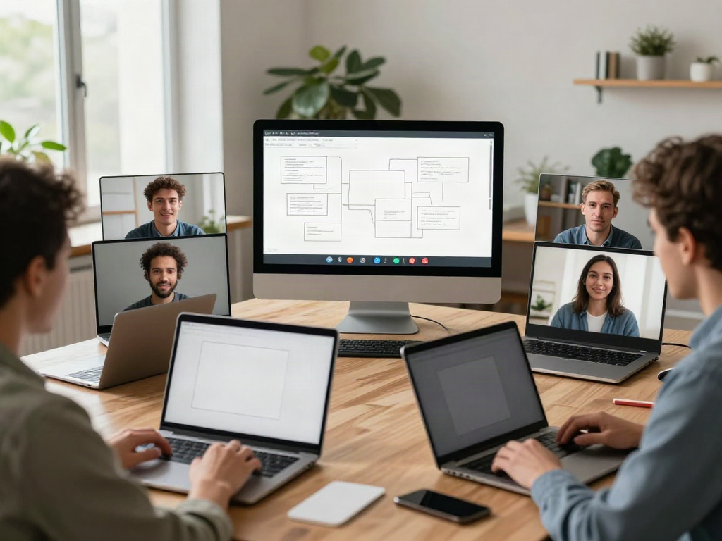 Deepfake protected Online Video Calls, Meetings and Conferencing setup showcasing a diverse team in a modern office.