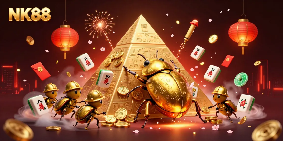 Engage with exciting games at NK88, where a golden dung beetle rolls coins up a pyramid with vibrant casino symbols.