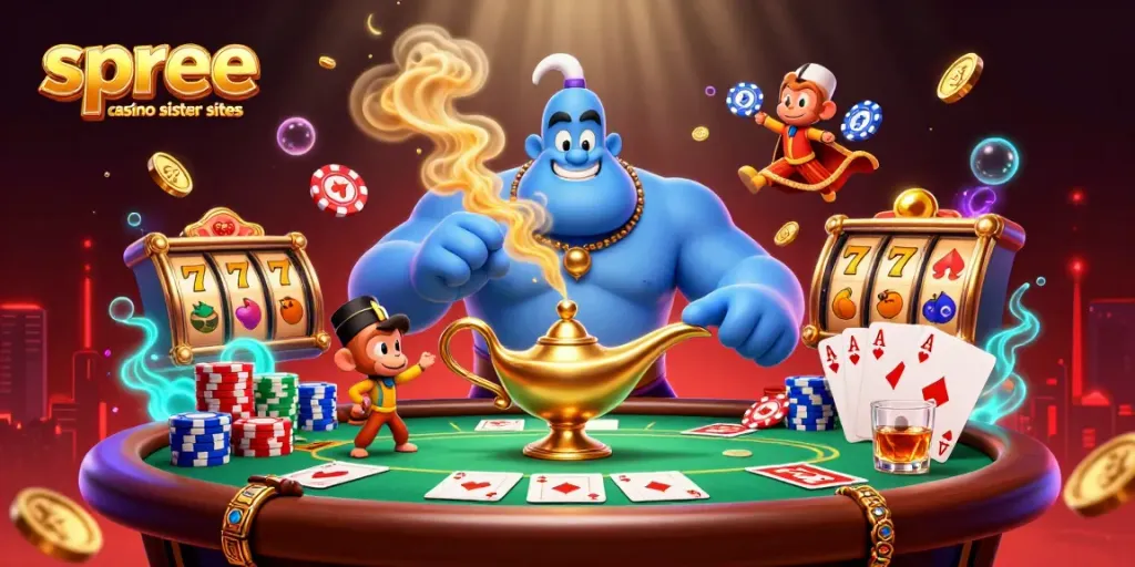 Engage with spree casino sister sites through a vibrant 3D illustration of a Genie, poker elements, and exciting gameplay.
