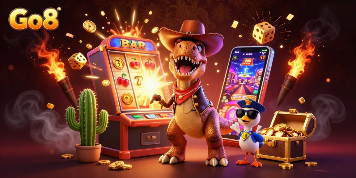 Engage with Go8's thrilling jackpot experience through an exhilarating slot machine scene.