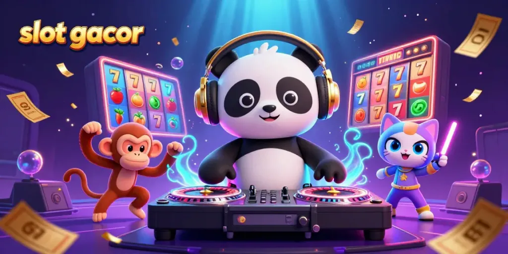 Engage with slot gacor excitement through vibrant characters in a lively casino scene.