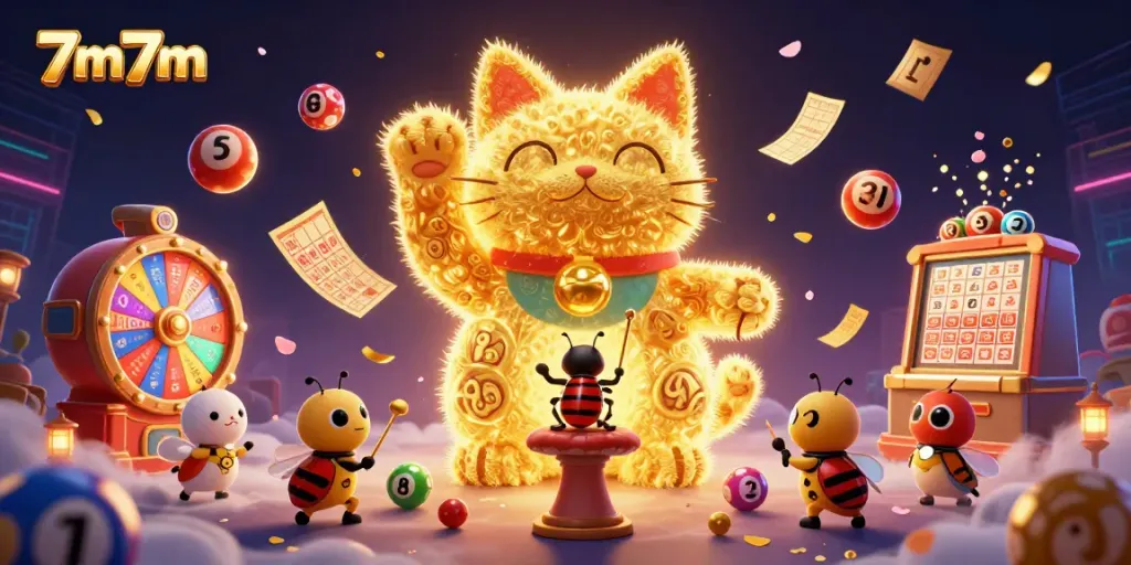 Play exciting games with 7m7m's dynamic visuals showcasing vibrant lottery elements in a casino setting.