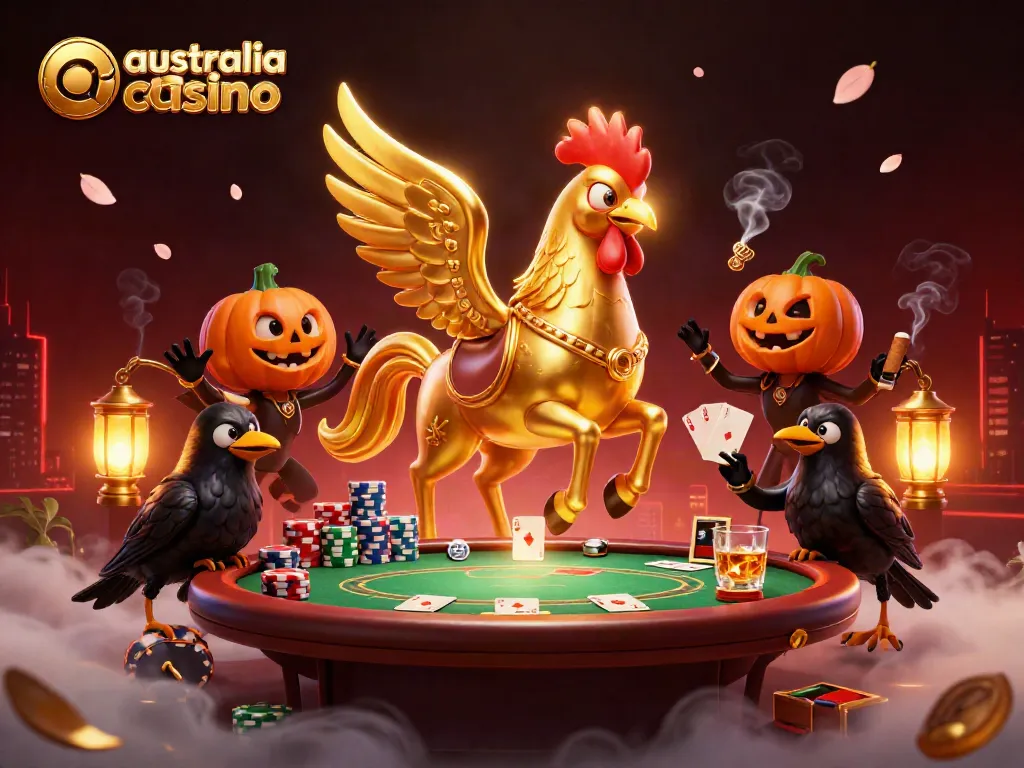 Experience the excitement of australia online casino with a vibrant 3D scene of a golden rooster and crow companions.