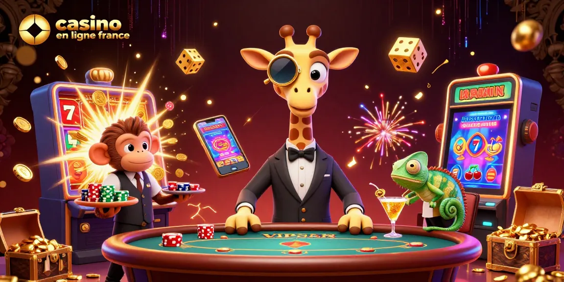 Gagnez à un casino en ligne en France avec une illustration dynamique de personnages de jeu et de jackpots.