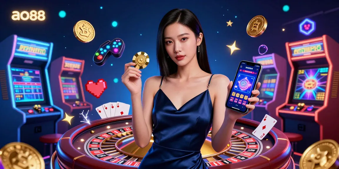 Experience the thrill of ao88 with a stunning Asian woman at a vibrant casino scene, showcasing a smartphone and golden chip.