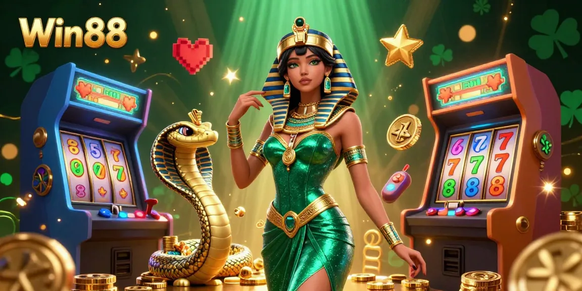 Join the excitement at Win88 with a stunning casino-themed illustration showcasing vibrant games and rich Egyptian elements.