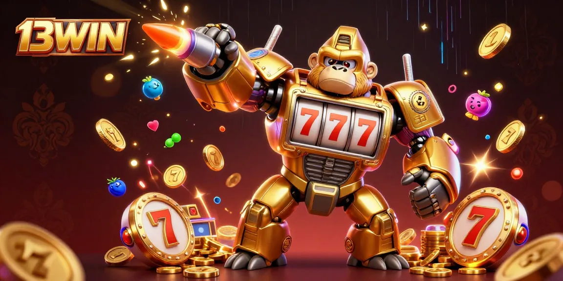 Experience the thrilling world of 13WIN with a dynamic 3D casino illustration featuring exciting slot elements and a gorilla mech.
