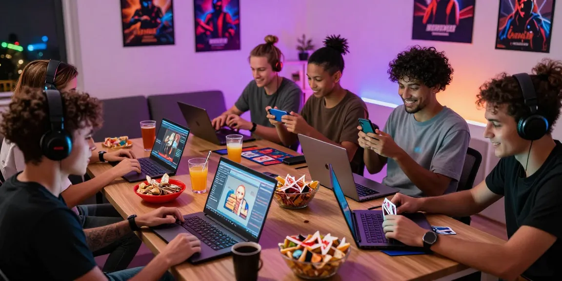 Friends enjoying card games on Juragan QQ in a vibrant living room setting