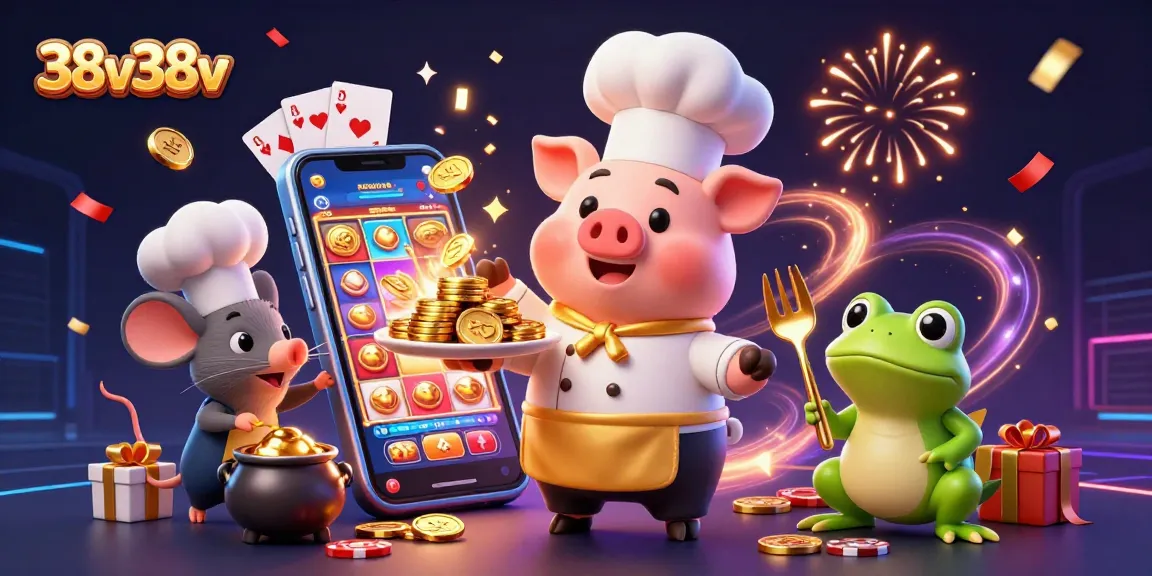 Experience the vibrant action at 38v38v with a chef pig serving gold coins amid gambling elements.