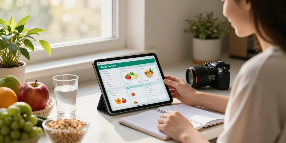 Choosing the best food tracking app in a bright kitchen filled with fresh ingredients and healthy living
