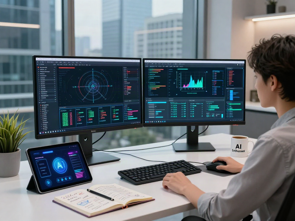 AI Detection scene in a tech workspace with dual monitors showing data visualization and algorithms.