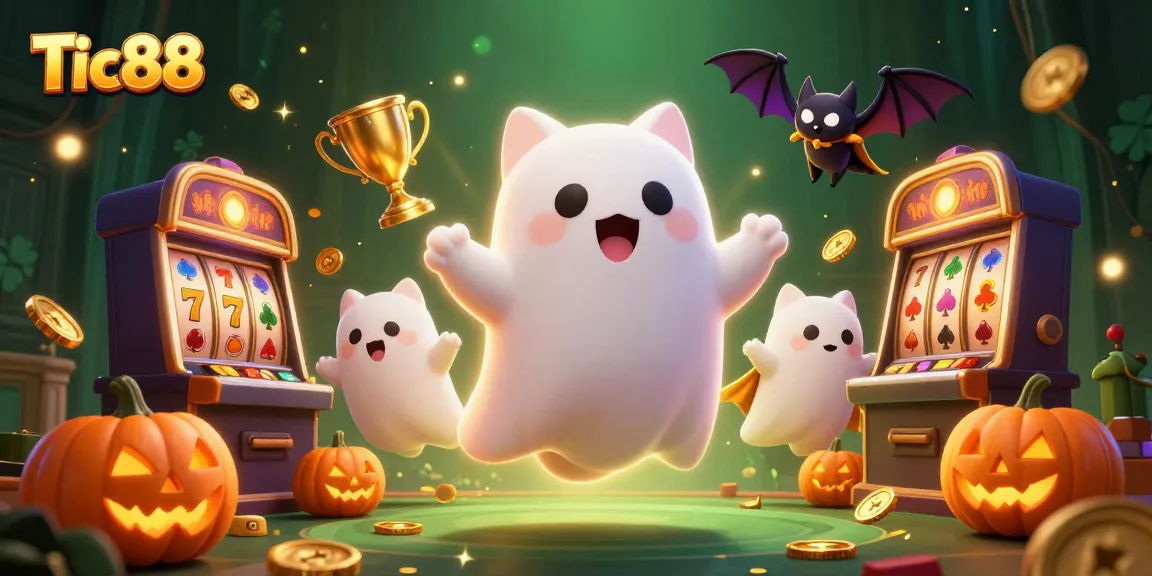 Tic88 ghost cat enjoys slot machines in a haunted casino, winning coins and trophies!