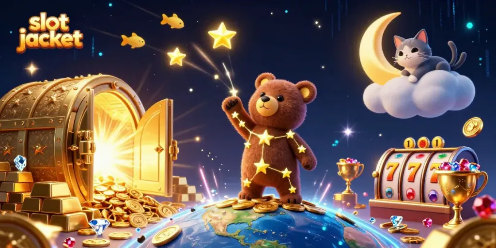 Celebrate winning slot jackpots with a cosmic bear gathering gold and gems.