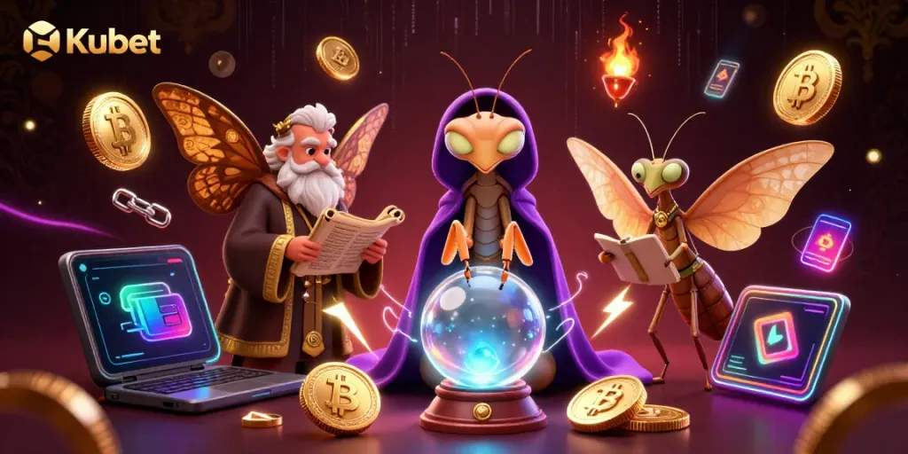Kubet features a vibrant 3D illustration showcasing fortune teller elements amidst a dazzling casino atmosphere.