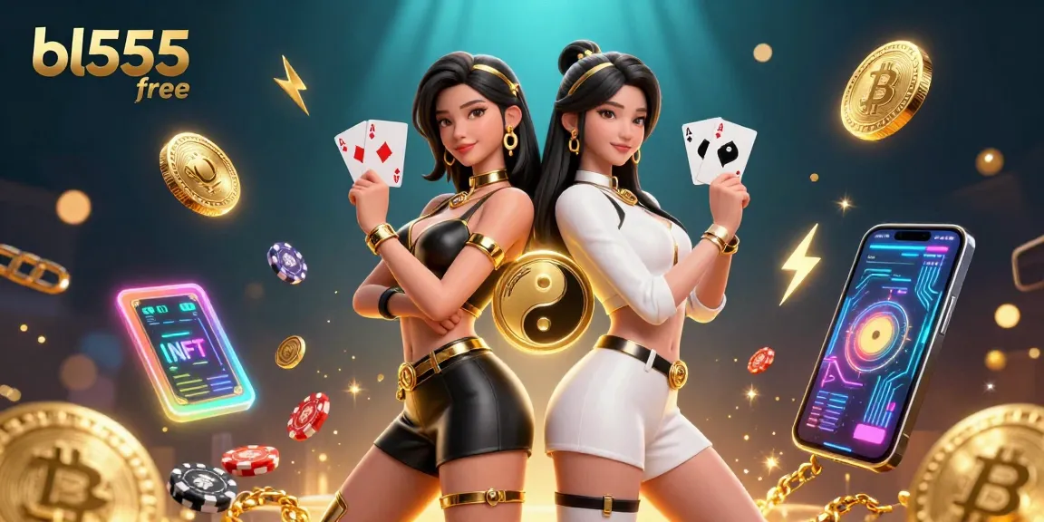 Experience the thrill of winning at bl555 free with Asian twins showcasing cards in a vibrant casino scene.