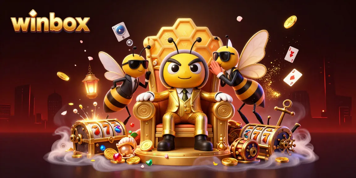 Winbox gaming scene with a cartoon bee mob boss, slot reels, and treasure in a vibrant illustration.