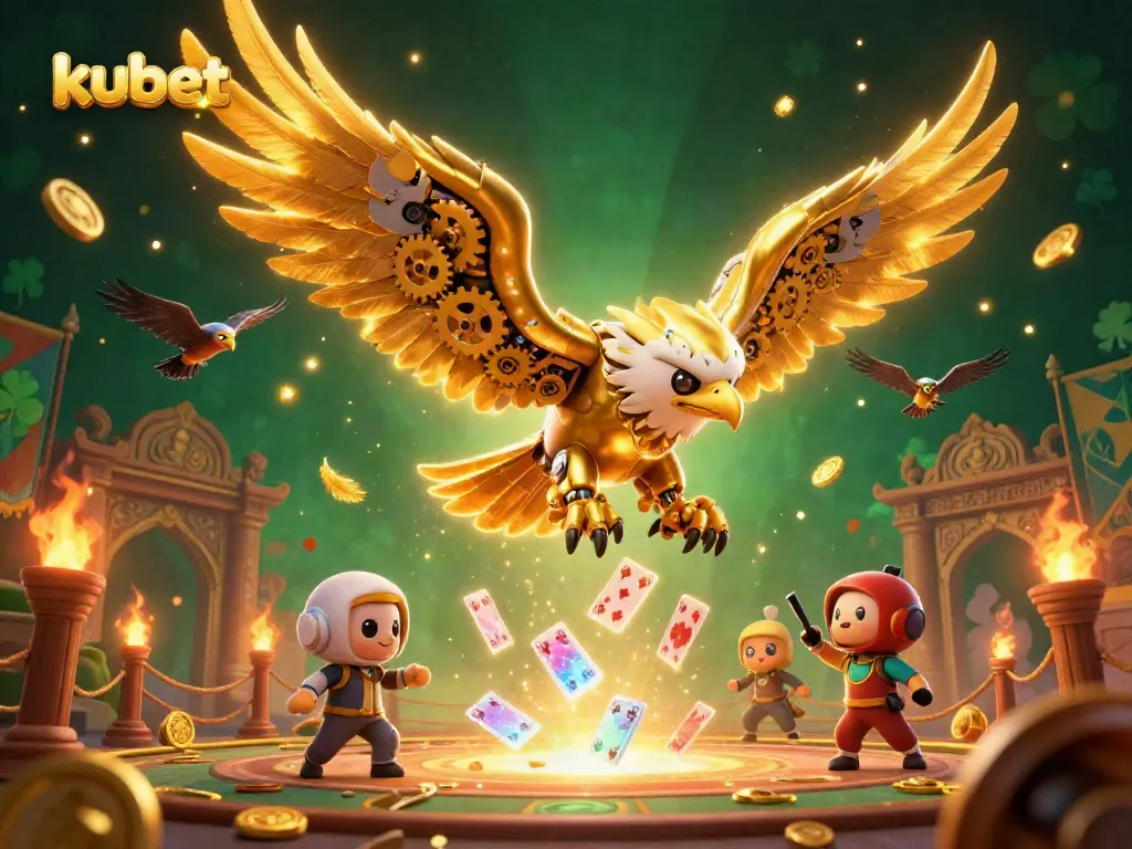 Experience thrilling gameplay with kubet through cybernetic eagle soaring above a vibrant casino scene.