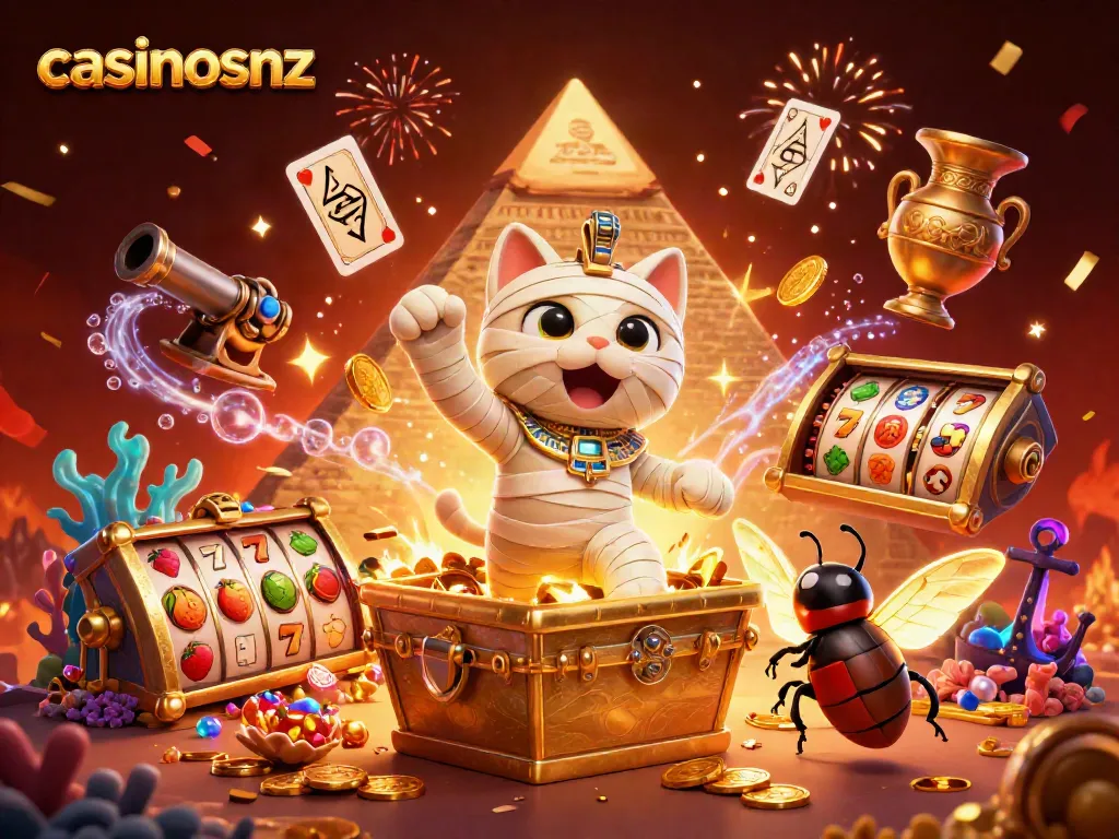 Experience the excitement of casinosnz with a vibrant 3D scene featuring playful characters and dynamic gaming elements.