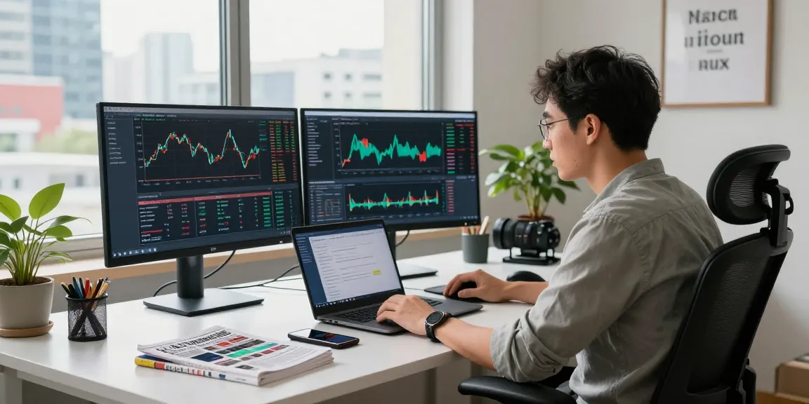 Trader using MetaTrader 5 platform in a bright home office with multiple monitors and market data.