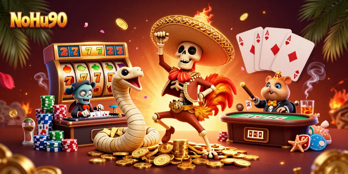 Join the fun at NoHu90 with dynamic characters celebrating on golden coins, showcasing thrilling slot games.