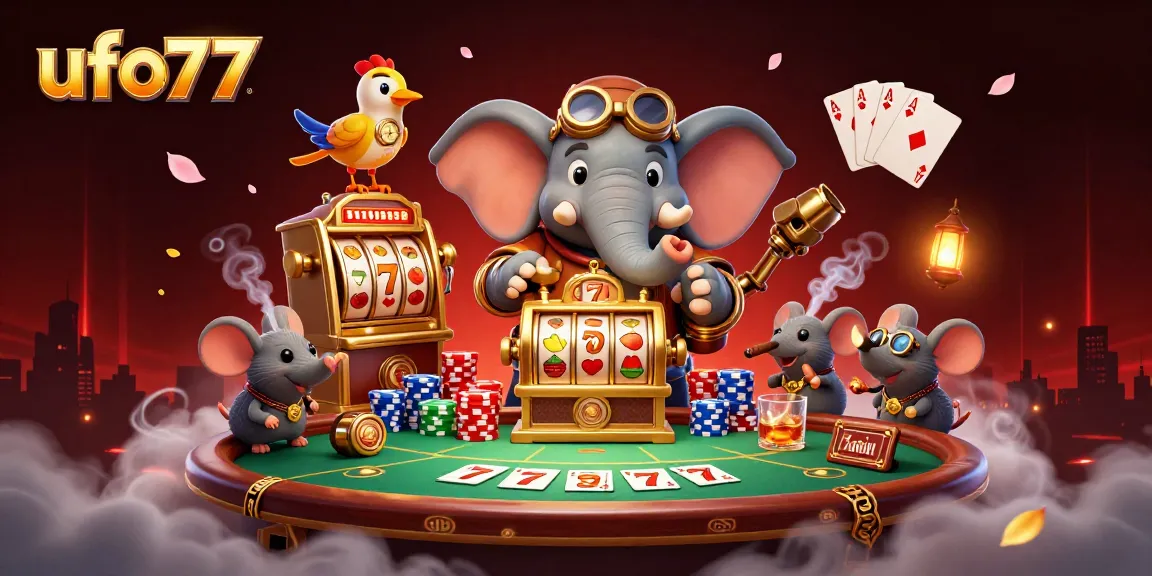 Spin the golden slot machine with ufo77 in a rich steampunk casino illustration featuring animated characters.