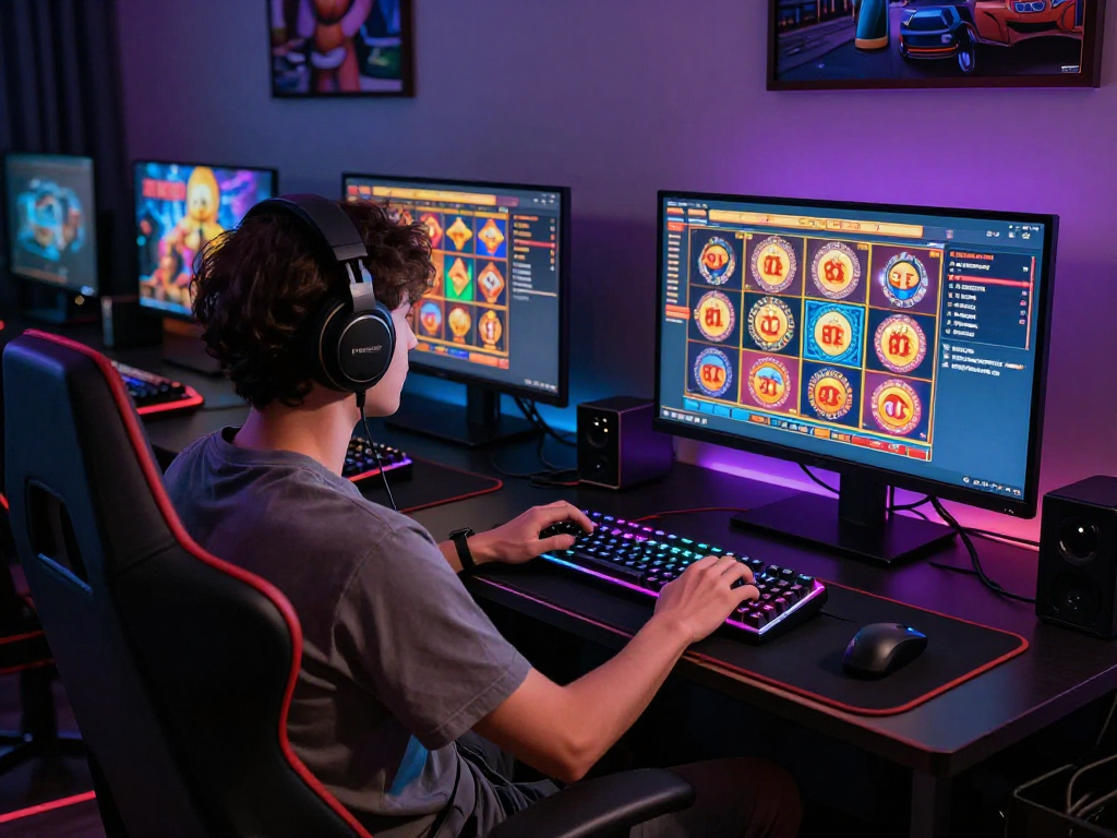 Player enjoying slot gacor with modern gaming setup and vibrant lighting.