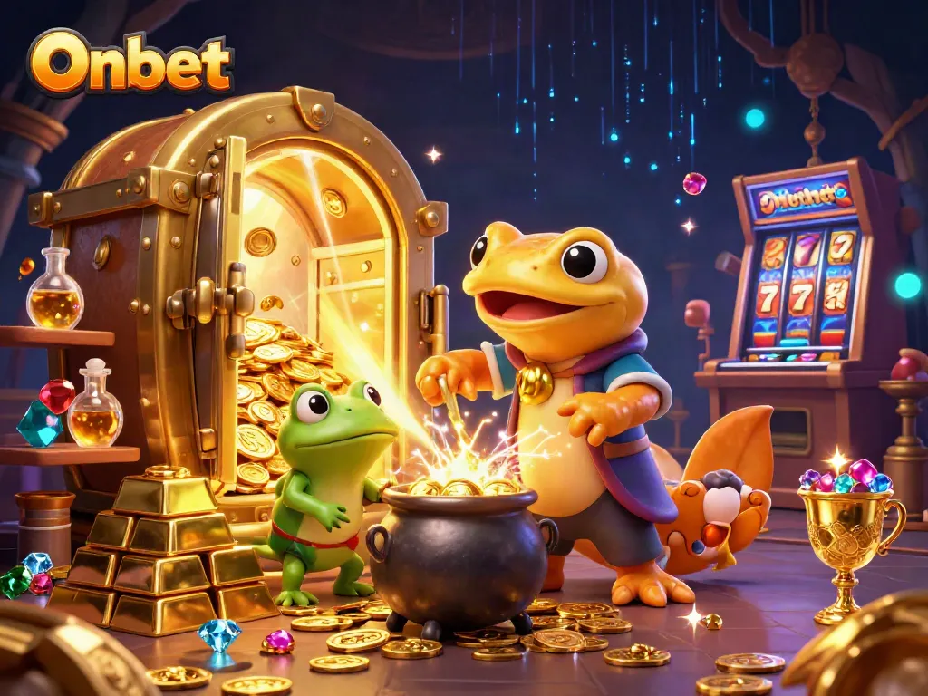 Engage with Onbet's gaming magic as a golden salamander transforms metals into coins in a vibrant casino.