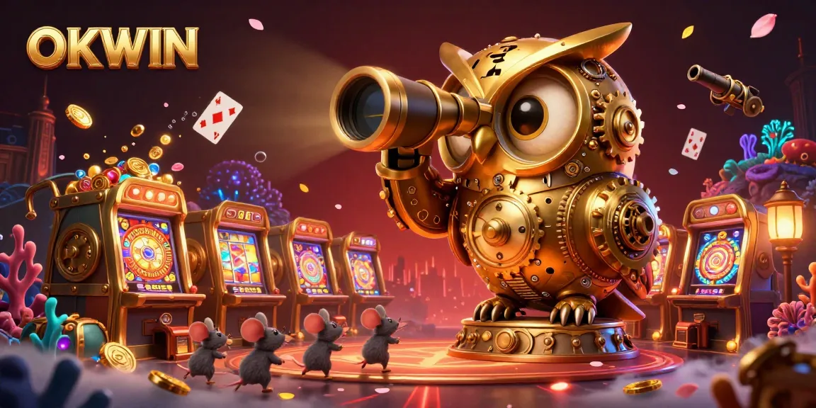 Experience thrilling gameplay at OKWIN with vibrant characters and exciting casino elements in this immersive illustration.