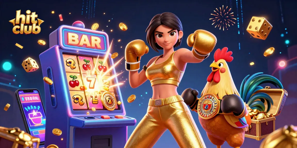 Experience thrilling action at hit club featuring a dynamic scene with a powerful female boxer, a championship rooster, and colorful casino elements.