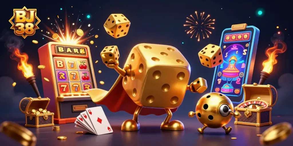 Experience the excitement of BJ 38's vibrant gaming world with golden dice and jackpots.