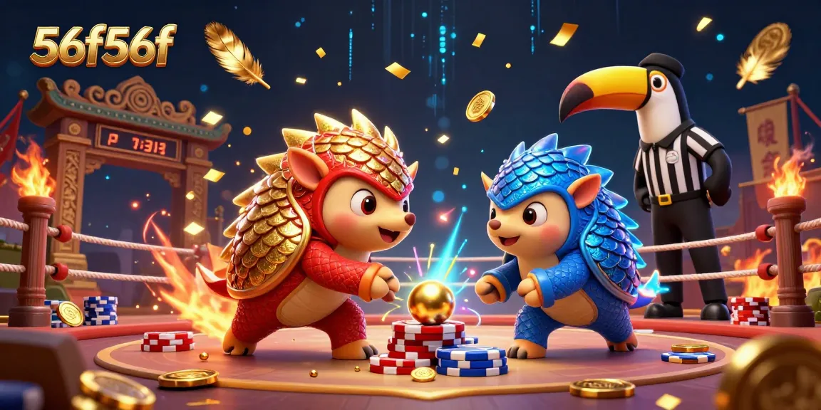 Engage with 56f56f's exciting casino showdown of rival pangolins in a vibrant 3D scene filled with poker chips and golden coins.