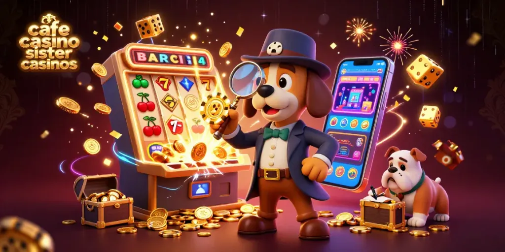 Cafe casino sister casinos showcase a cartoon detective and bulldog amid vibrant gaming elements and jackpots.