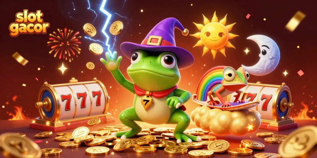 Experience the excitement of slot gacor with a vibrant scene featuring a weather wizard frog and a chameleon amidst golden coins.