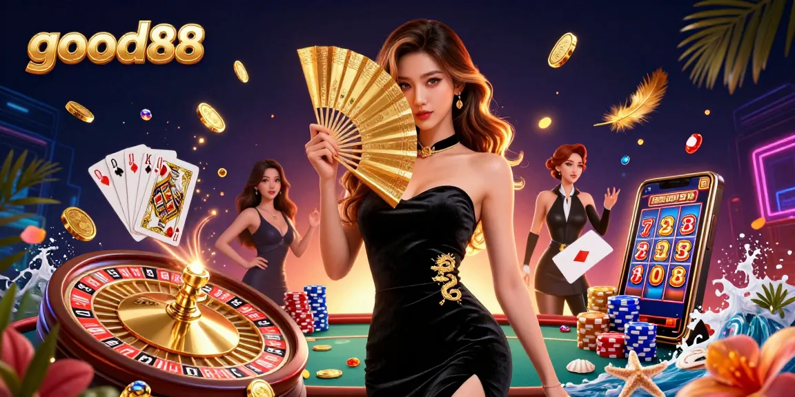 Experience excitement at good88 with a stunning casino scene featuring games, rich colors, and captivating elements.